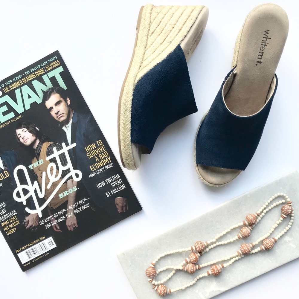 White Mountain Espadrille Blue Leather Wedges